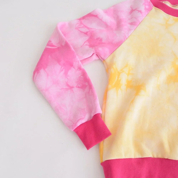 Warm  Fun Yellow & Pink Sunset Tie-Dye Laid Back Crewneck Sweater Sweatshirt XS - Picture 6 of 12